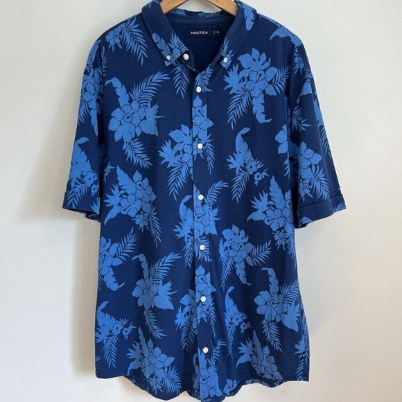 Nautica Men’s 2XL XXL Blue Floral Hawaiian Camp Button Down Shirt Short Sleeve - Picture 1 of 9